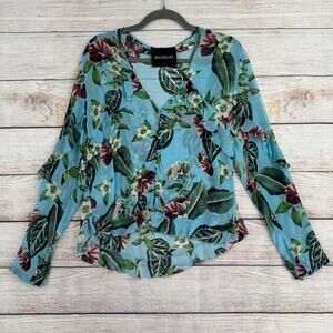 Nicholas Floral Semi Sheer Ruffled Button Down Blouse Womens S Blue Green